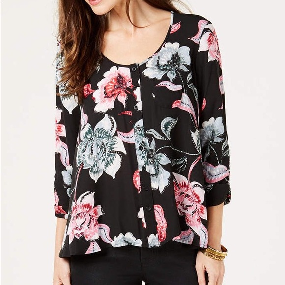Style & Co. Tops - Style & Co Black Floral Button Down Top Sz Medium